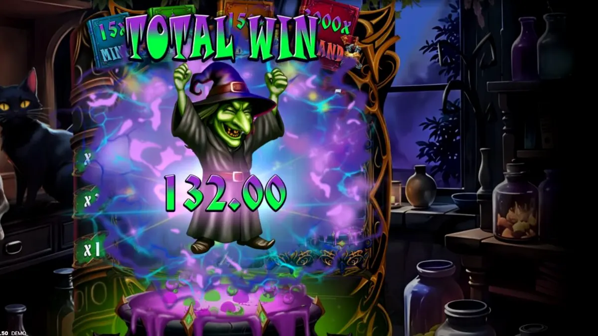 Tampilan visual slot Witches’ Fortune: Hold & Win dengan tema penyihir dan kuali ajaib.
