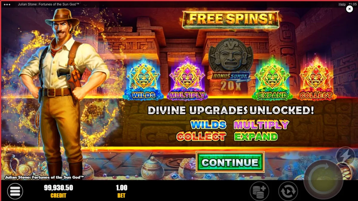 Julian Stone: Fortunes of the Sun God slot game interface showing Aztec ruins and explorer theme
